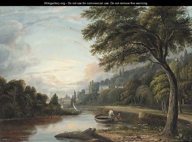 Fishermen drawing in their nets on a river at dusk - English School
