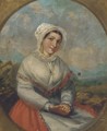 Portrait of a young maiden, seated three-quarter length, in an extensive landscape - English School