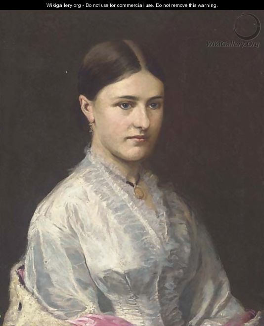 Portrait of a woman, half-length, wearing a white dress and pink shawl - English School