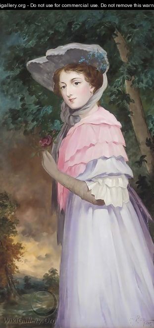 Portrait of a lady, three-quarter-length, in a mauve and pink dress, holding a rose in her left hand - English School