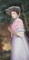 Portrait of a lady, three-quarter-length, in a mauve and pink dress, holding a rose in her left hand - English School