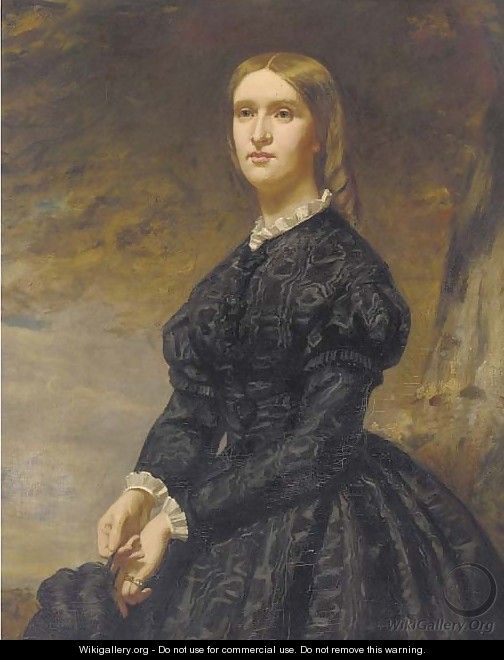 Portrait of a lady, three-quarter-length, in a black dress with white lace trim - English School