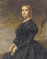Portrait of a lady, three-quarter-length, in a black dress with white lace trim - English School