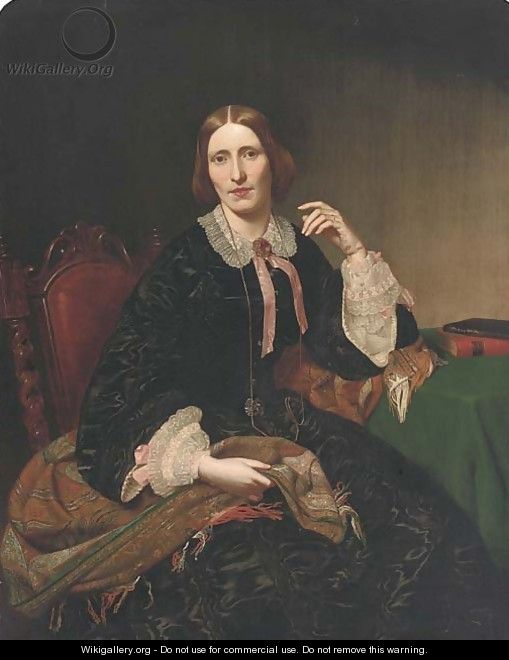 Portrait of a lady, seated three-quarter-length, in a black dress with lace trim, a paisley shawl on her knee - English School