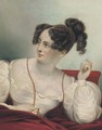 Portrait of a lady, seated half-length, in a white dress, holding a locket - English School