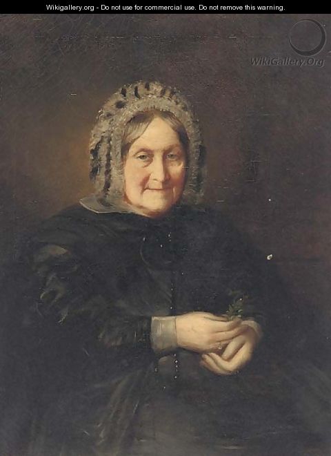Portrait of a lady, half-length, in a black dress, holding a sprig - English School