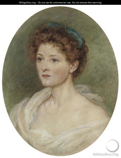 Portrait of a lady, bust-length, with a blue ribbon in her hair - English School