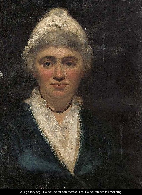 Portrait of a lady, bust-length, wearing a blue dress and lace bonnet - English School