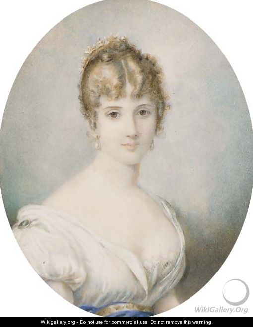 Portrait of a lady, bust-length, in a white dress with a blue sash, a comb in her upswept hair - English School