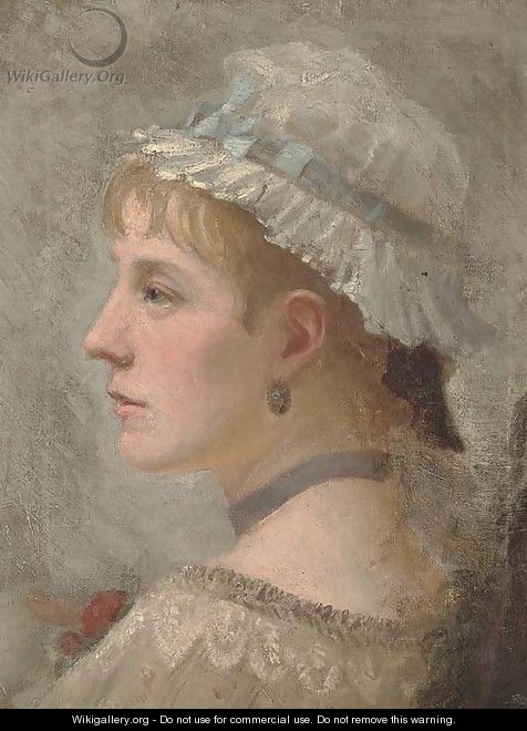 Portrait of a lady, bust-length, in a white bonnet with a blue ribbon - English School