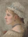 Portrait of a lady, bust-length, in a white bonnet with a blue ribbon - English School