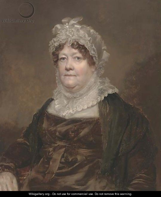 Portrait of a lady, bust-length, in a brown dress wearing a lace bonnet - English School