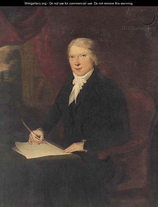 Portrait of a gentleman, seated three-quarter-length, in a black suit, at a writing table, a quill pen in his right hand - English School
