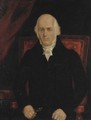 Portrait of a gentleman, seated three-quarter-length, in a black coat, holding a pair of spectacles, with a bible to the side - English School