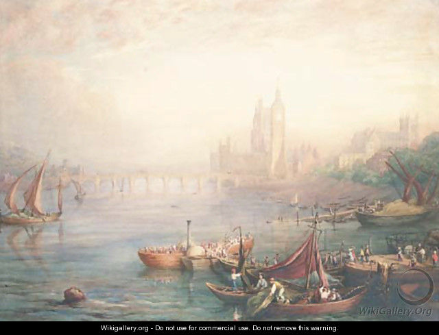 Figures on barges in a capriccio of London, with a view of the Houses of Parliament, St Margarets Westminster and Westminster Abbey - English School