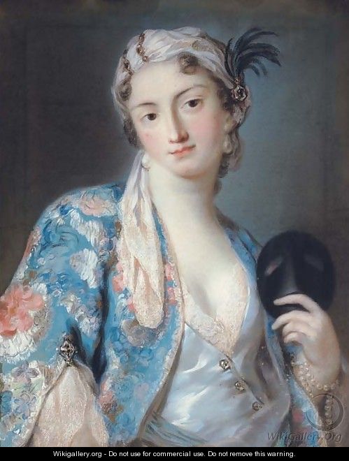 Portrait of a young lady in oriental costume, holding a carnival mask - English School