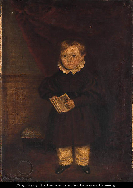 Portrait of a young boy, small full-length, in a brown coat - English Provincial School