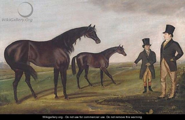 A mare and foal with a trainer and owner - English Provincial School