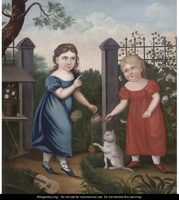 Portrait of two girls, full-length, in a garden - English Provincial School