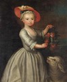 Portrait of a girl, holding a garland of flowers, a sheep beside - English Provincial School