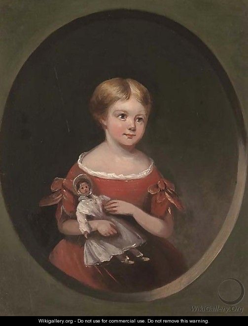 Portrait of a young girl, half-length, in a red dress holding a doll - English Provincial School