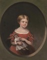Portrait of a young girl, half-length, in a red dress holding a doll - English Provincial School
