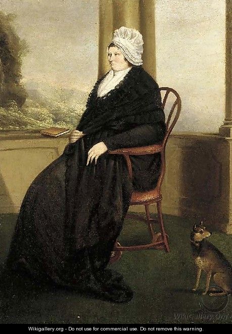 Portrait of a lady, seated full-length, in a black dress and white bonnet - English Provincial School