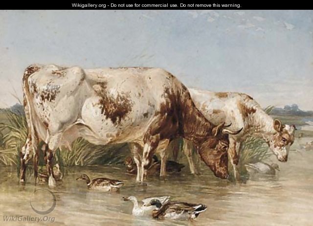 Cattle watering at a duck pond - English Provincial School