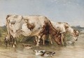 Cattle watering at a duck pond - English Provincial School