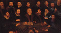 Martin Luther surrounded by Calvin, Wycliffe, Cranmer, Ridley, and other Protestant leaders, gathered round a table - English School
