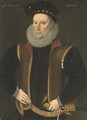 Portrait of a gentleman, half-length, in a brown waistcoat with gold trim - English School