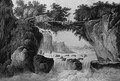 Travellers and Bearers crossing a Waterfall in a topographical Landscape - English School