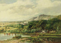Landscape with a boatman and cattle watering - English School