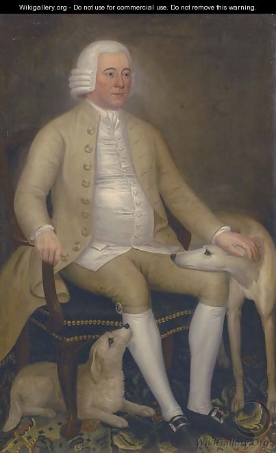 Portrait of a gentleman, seated full-length, in a green coat and white waistcoat, two dogs at his feet - English School