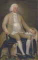 Portrait of a gentleman, seated full-length, in a green coat and white waistcoat, two dogs at his feet - English School