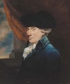 Portrait of a gentleman, half-length, in a blue coat and black tricorn, before a column - English School