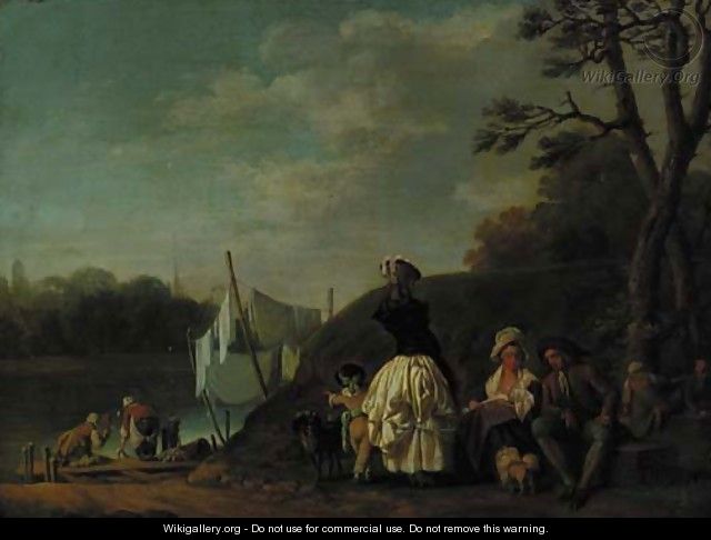 Figures resting by a riverbank, with women washing clothes beyond - English School