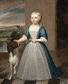 Portrait of a Girl, standing full length, in a blue and white dress with a dog on a terrace - English School