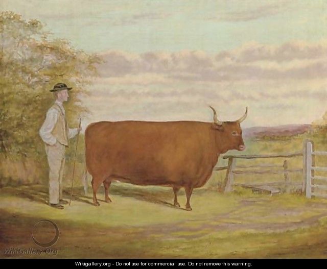 A Long-Horned bull with a farmer in a landscape - English School