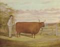 A Long-Horned bull with a farmer in a landscape - English School