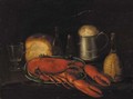 A lobster, a tankard of ale and a loaf of bread on a table - English School