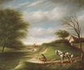 A horseman in a wooded landscape, a windmill beyond - English School