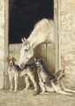 A horse in a stable with dogs beside - English School