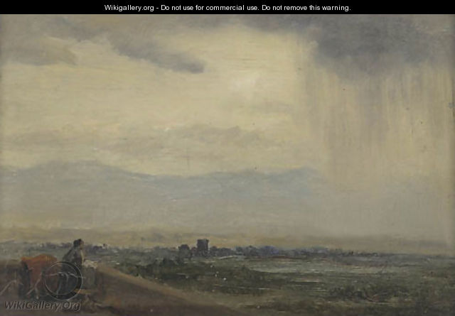 A figure in a stormy landscape - English School