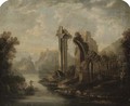 A figure fishing by some classical ruins - English School