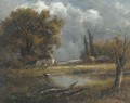 A figure feeding the chickens by a pond in a wooded landscape - English School