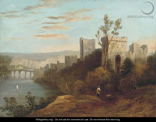 A figure before a riverside castle - English School