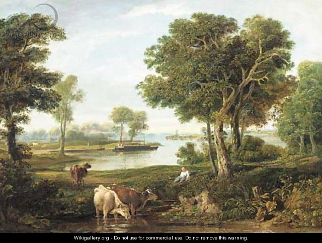 A drover with cattle in a river landscape - English School