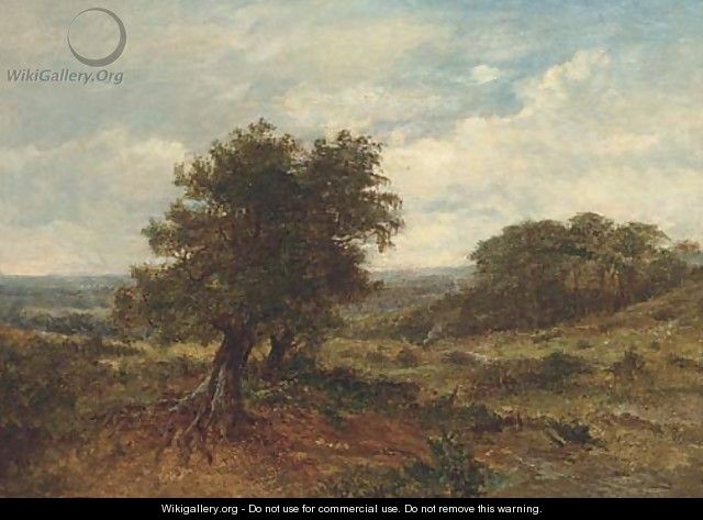 A distant figure in an extensive landscape with a tree in the foreground - English School