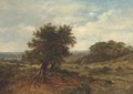 A distant figure in an extensive landscape with a tree in the foreground - English School